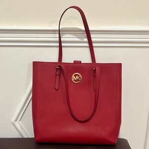 Michael Kors Bold Red Tote with Gold Logo office business casual meeting